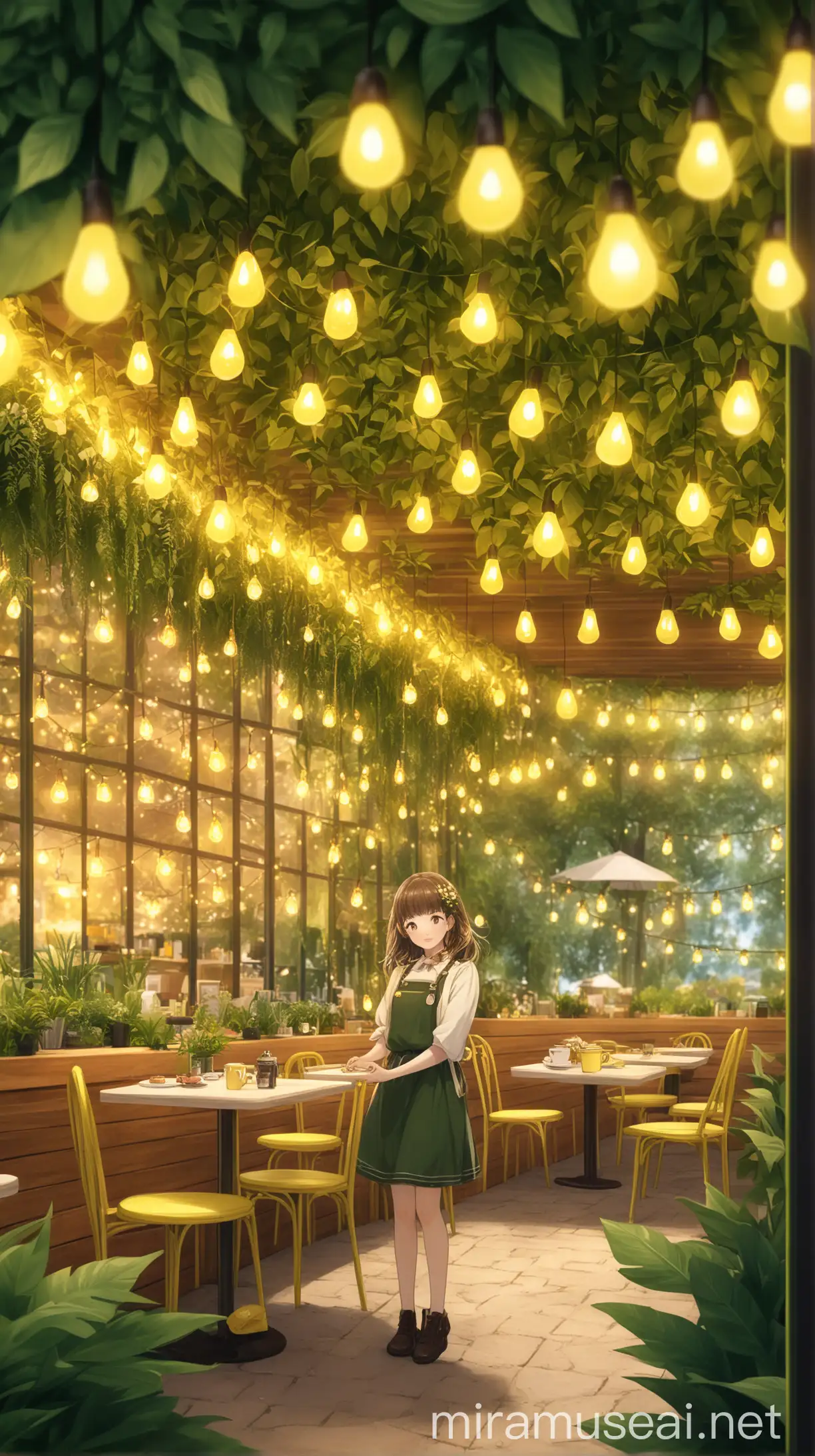 cute girl, outside in a nature field with a garden café, adorned with yellow decorative lights and hanging foliage, 