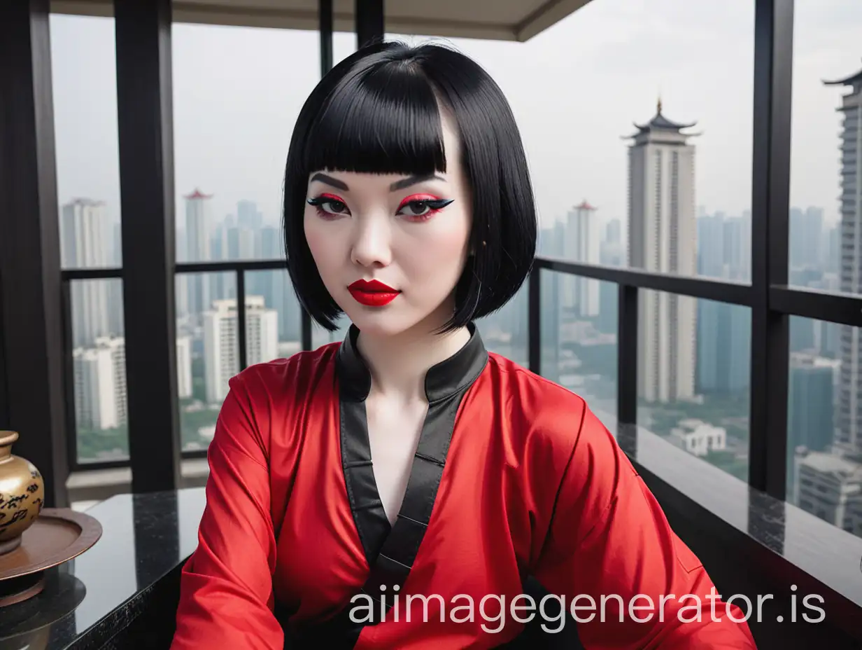 chinese woman 25, red lipstick, pale skin, wearing red kung fu shirt, black bob hairstyle, sitting in her penthouse.