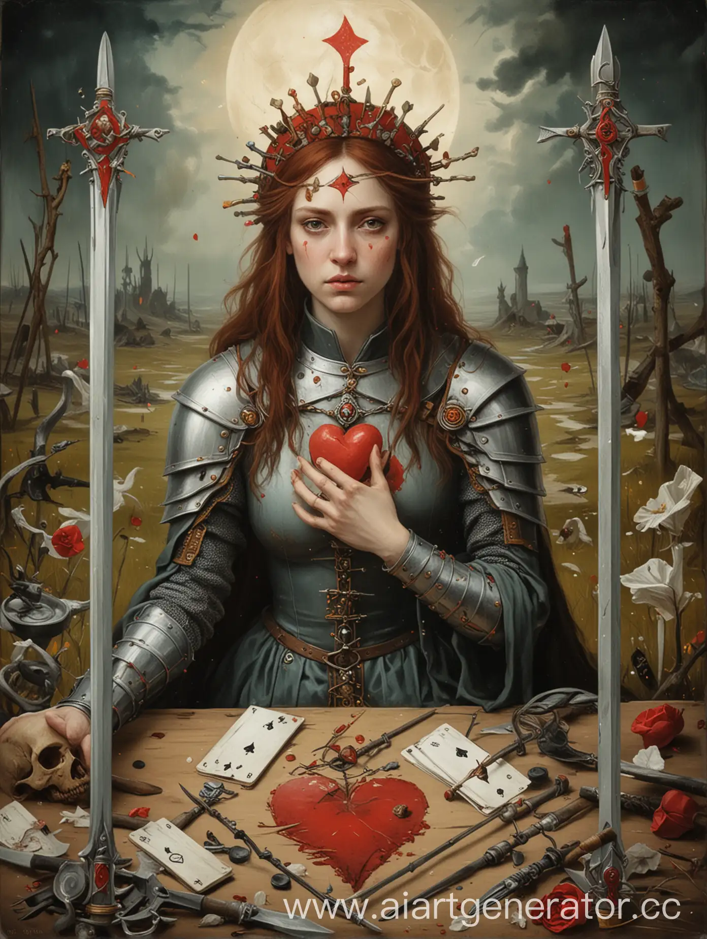 Tarot-Painting-Troyka-of-Swords-with-BoschInspired-Broken-Heart