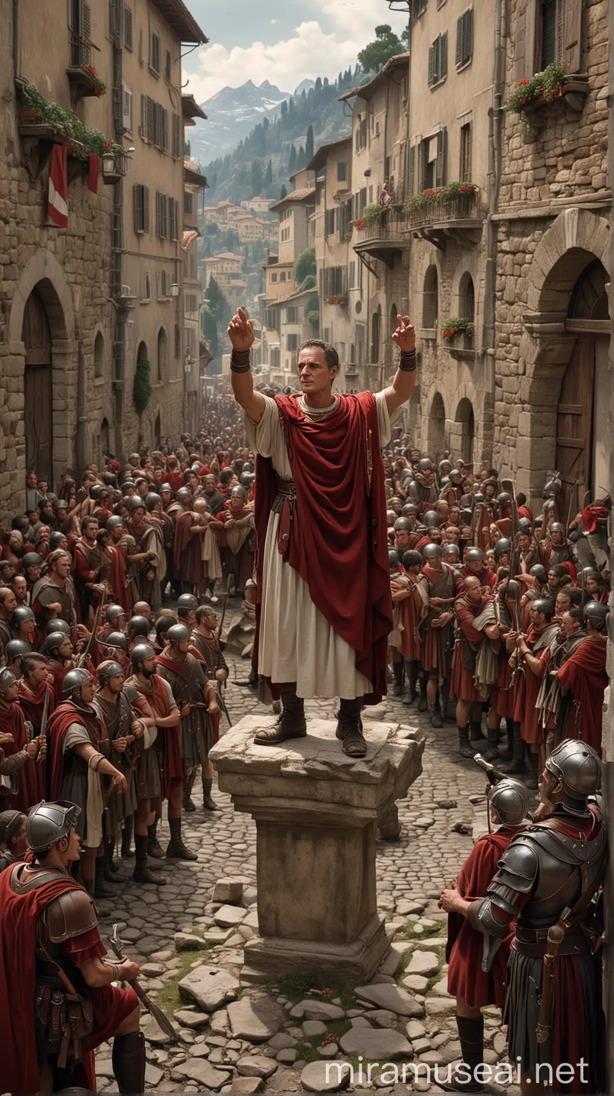  Illustrate Julius Caesar declaring "I'd rather be the first here than the second in Rome!" while addressing his soldiers in a small Alpine town, showcasing his fierce ambition and leadership. hyper realistic