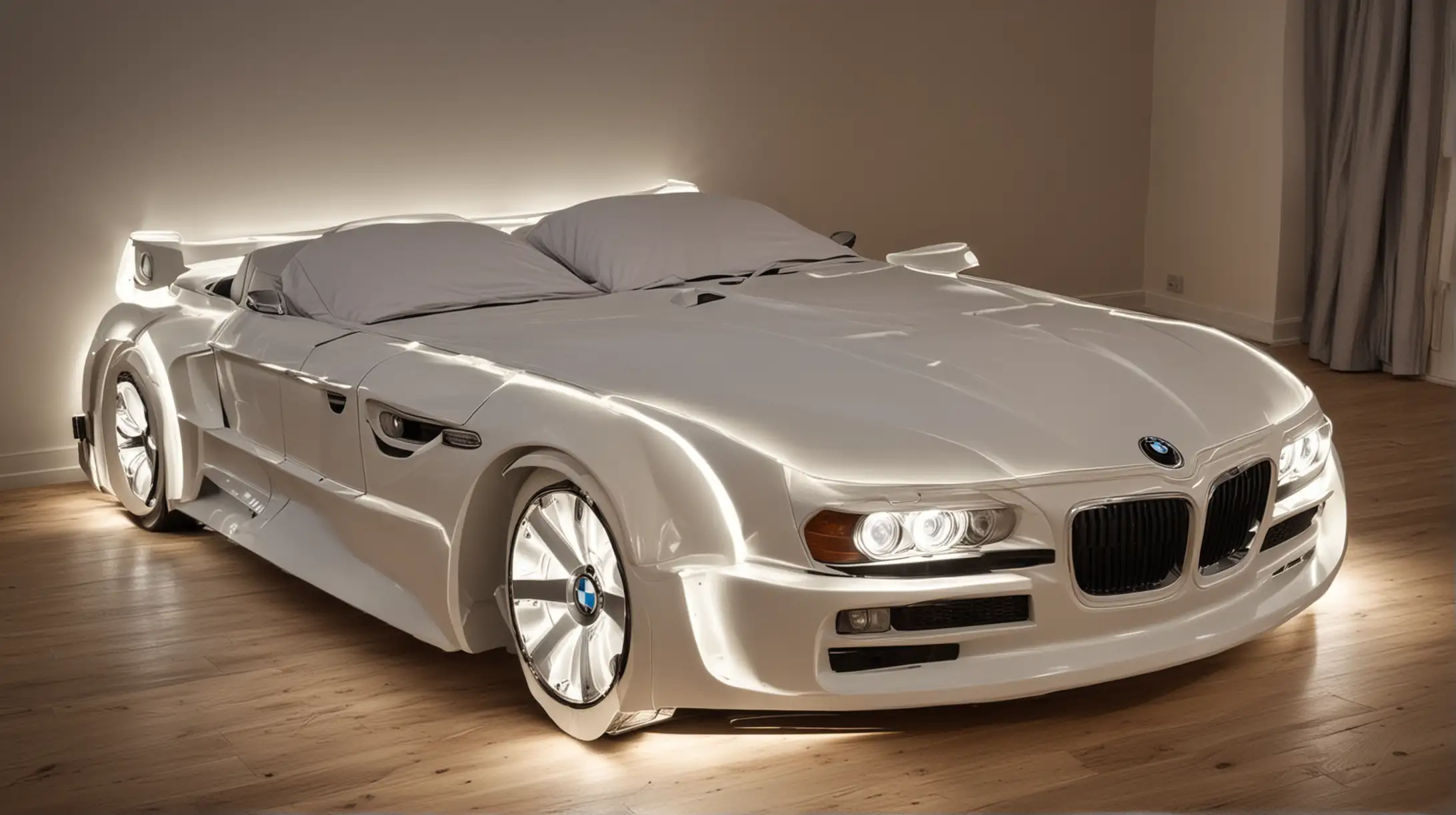 Luxury Double Bed Shaped Like a BMW Car with Illuminated Headlights