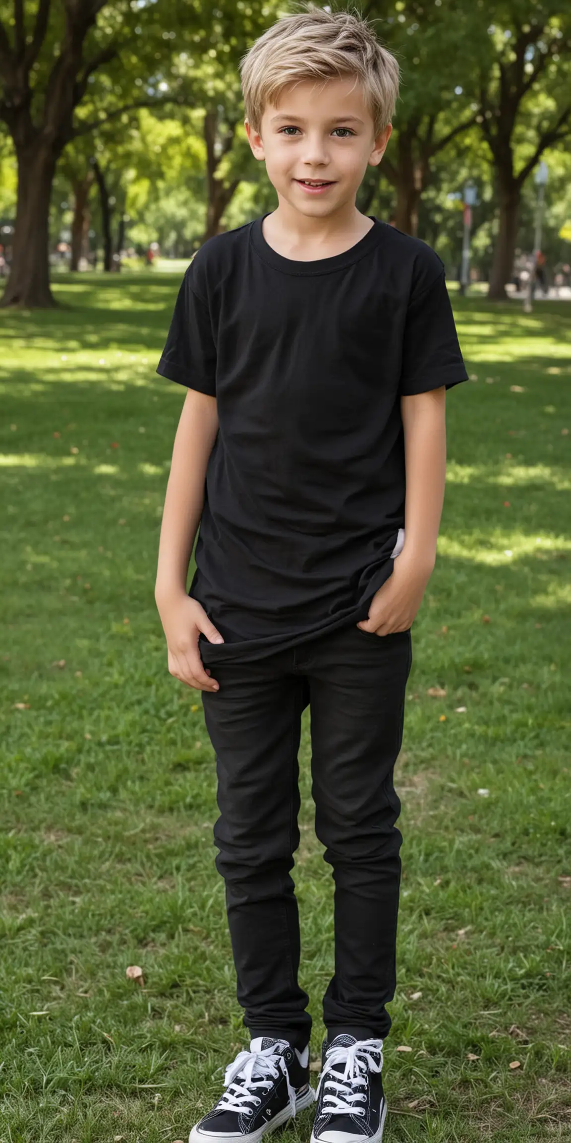 a white fun cute boy, black t shirt, style, park background