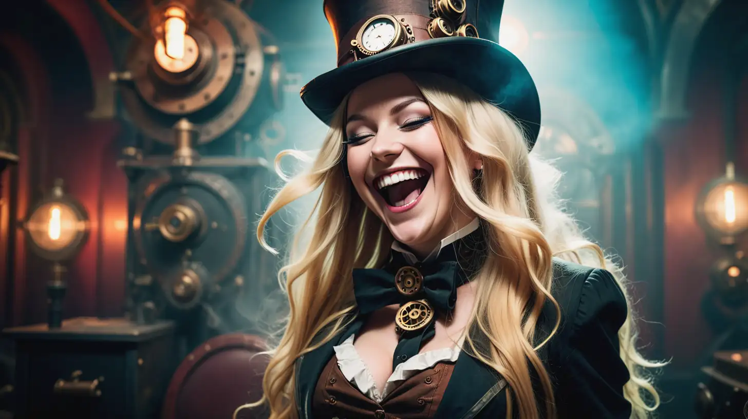 A steampunk woman with long blonde hair and a top hat laughing at the camera. Photographic quality, cinematic lighting, vibrant colors.