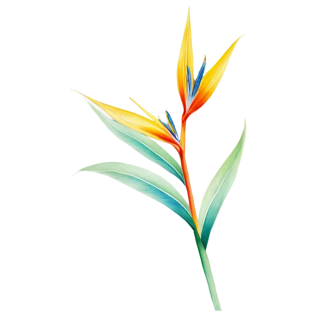 "Illustrate a vibrant pastel-colored bird of paradise flower in watercolor, with its unique shape and colors standing out against a pure white backdrop."

