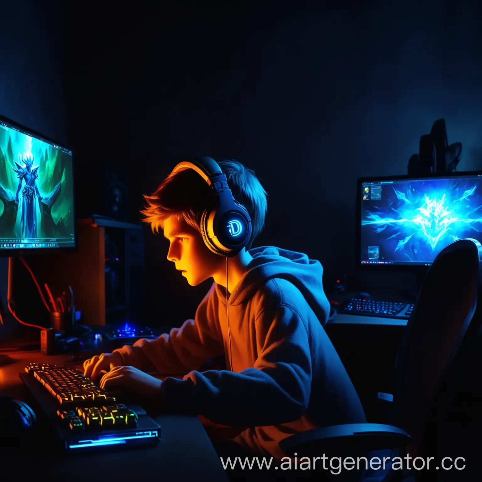парень играет в доту, на заднем красивом фоне, в темном помещении, со светящимся пк и наушниками
