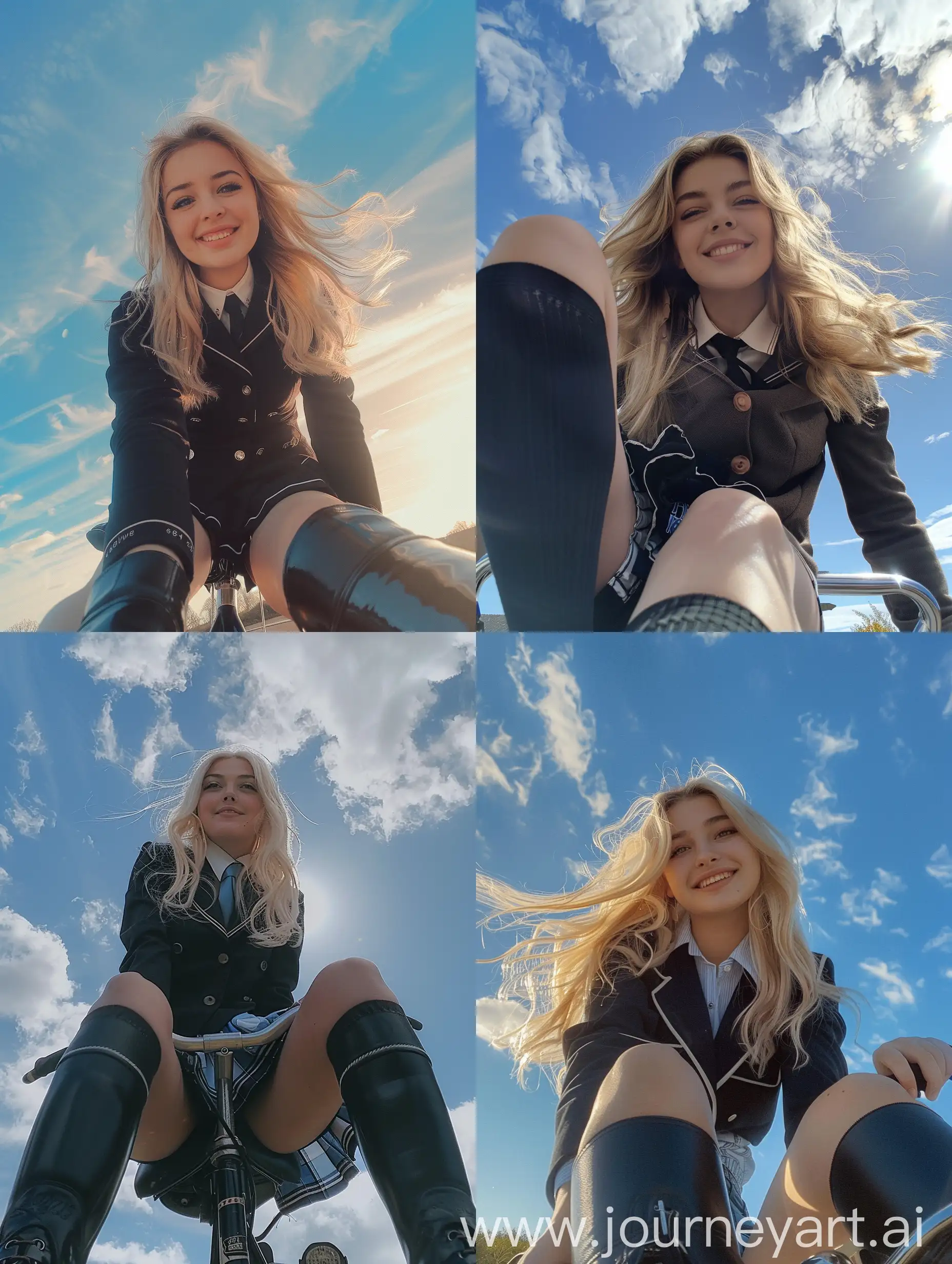 Blonde-Schoolgirl-in-Black-Boots-Taking-Natural-Selfie-on-Bicycle