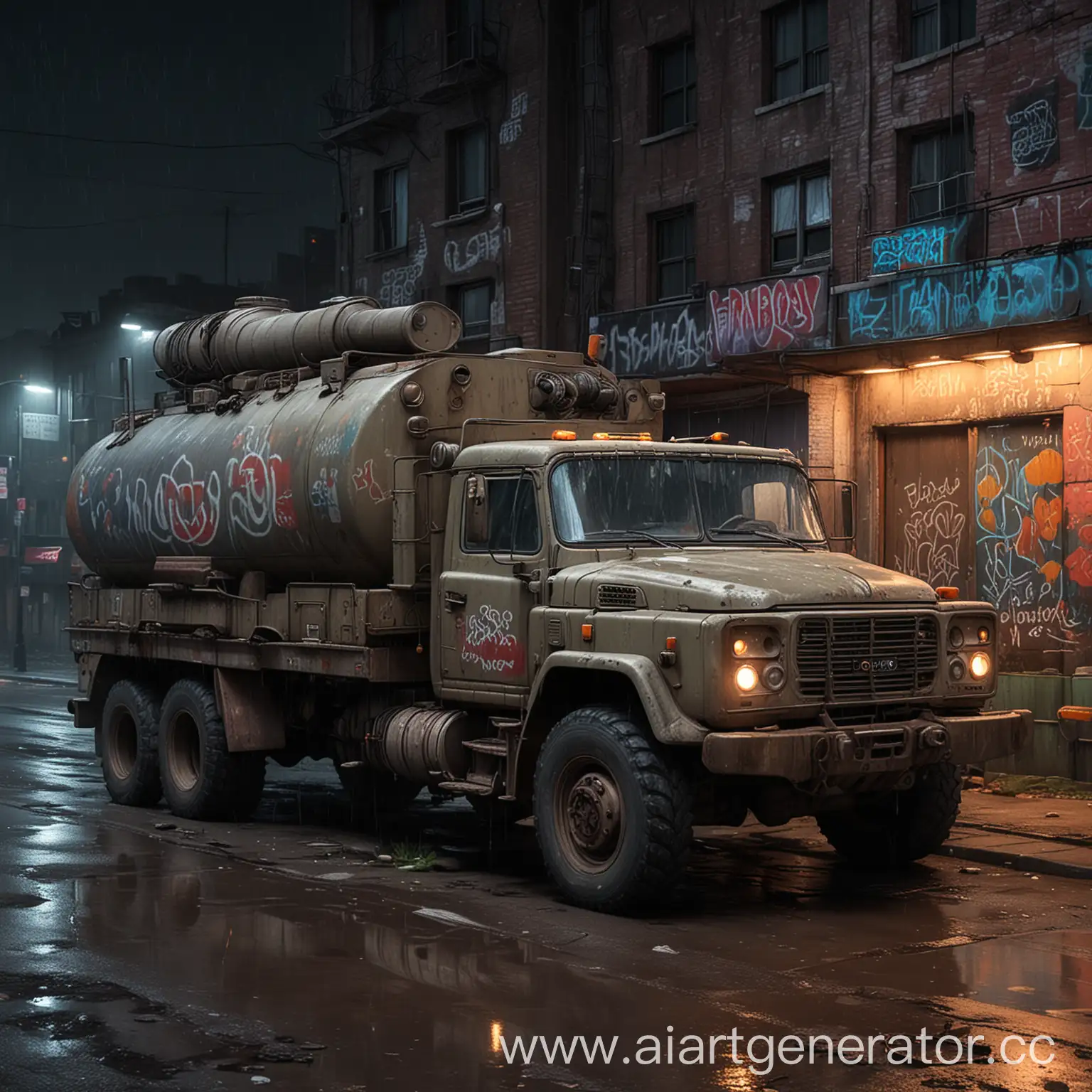 A truck with a tank in the ghetto, graffiti and neon signs on the walls. Night and rain. Realism