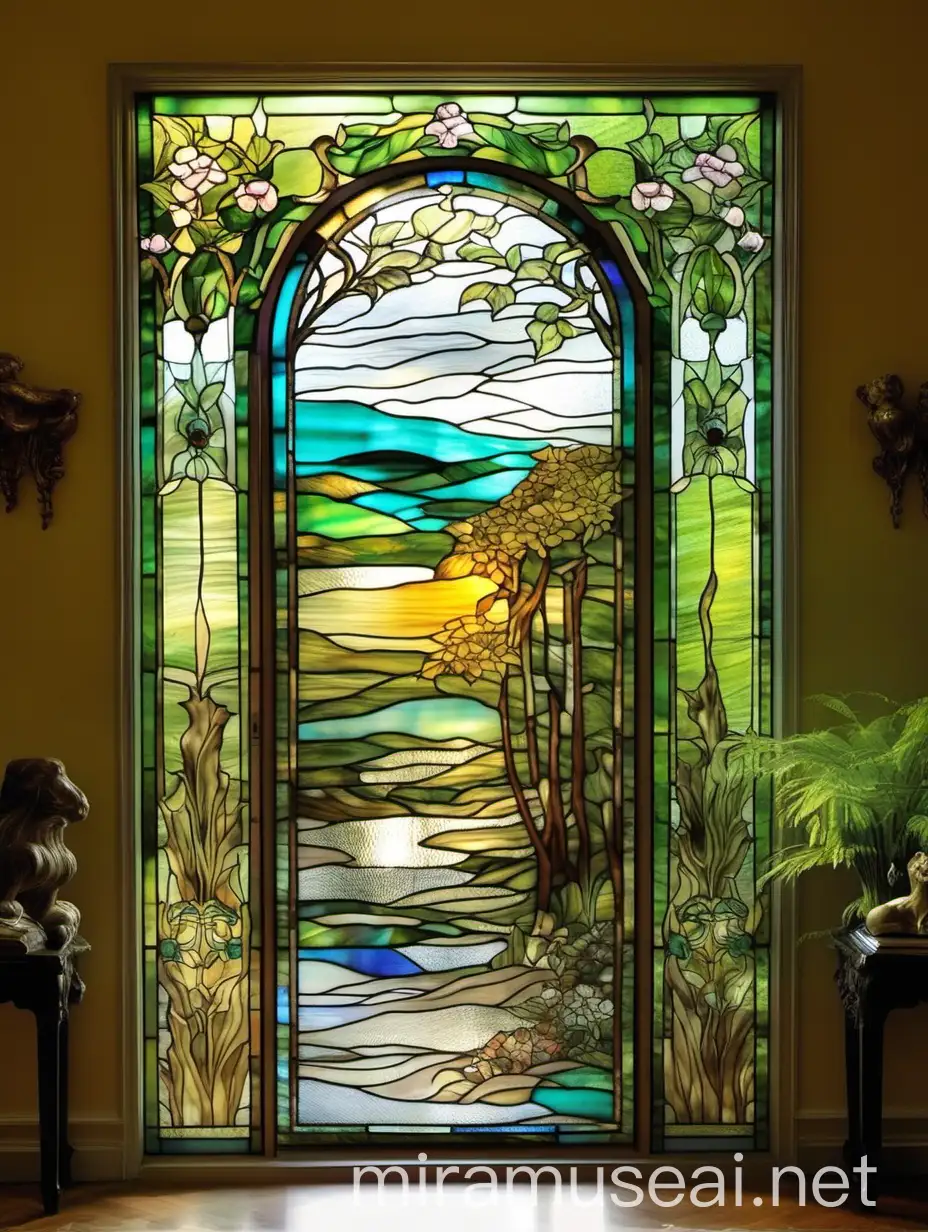 stained glass window on door in living room french nature, made of tiffany colored glass