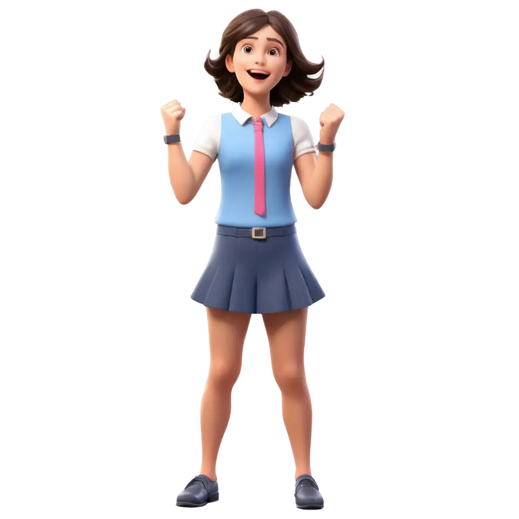 3d Little girl character, smart and diligent, happy scream, 3d angle , hands on west