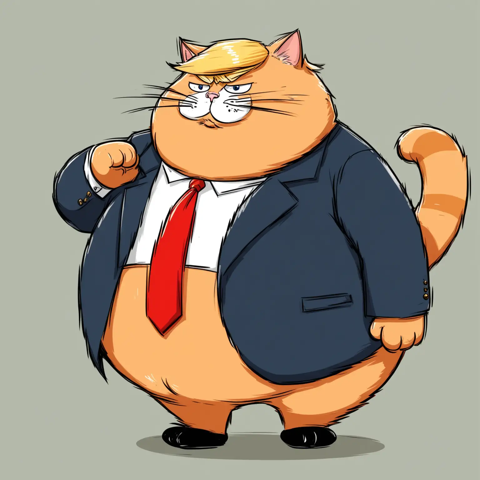 Funny Cartoon Illustration of a Plump Cat Mimicking Trump in 2D Art