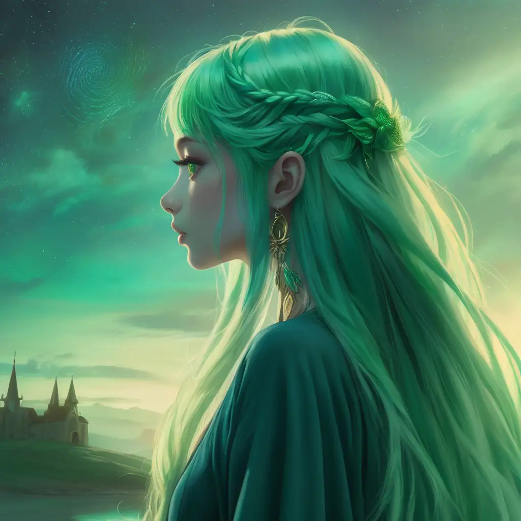 side profile of a woman with long GREEN  hair looking at this is a side profile picture this is a mythical mystical setting 
