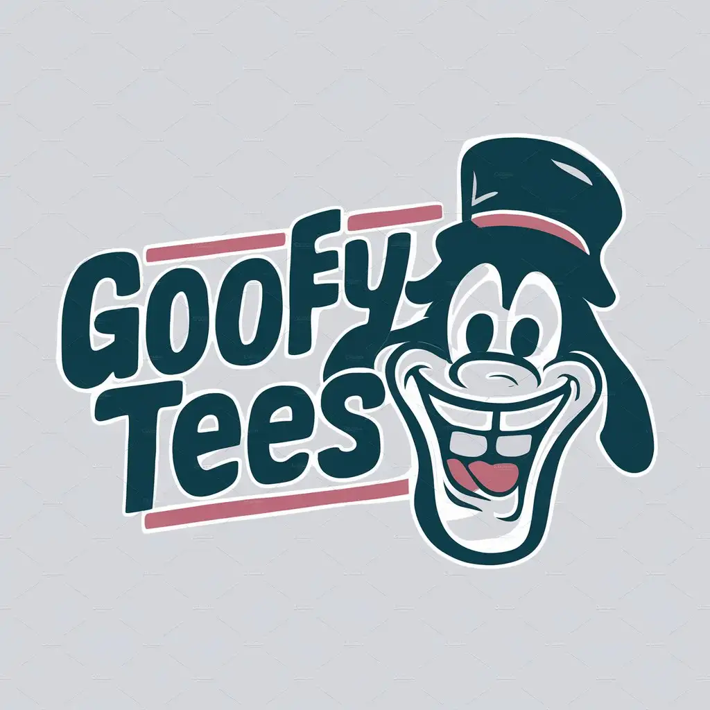 a logo design,with the text "Goofy Tees", main symbol:A goofy looking mascot smiling. Clear background.,Moderate,clear background