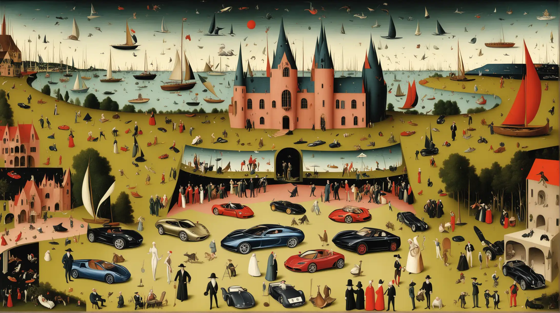 art collector Include luxurious items such as sports cars, yachts, or mansions in the background hinting at his extravagant lifestyle. illustrated in the style of Hieronymus Bosch
