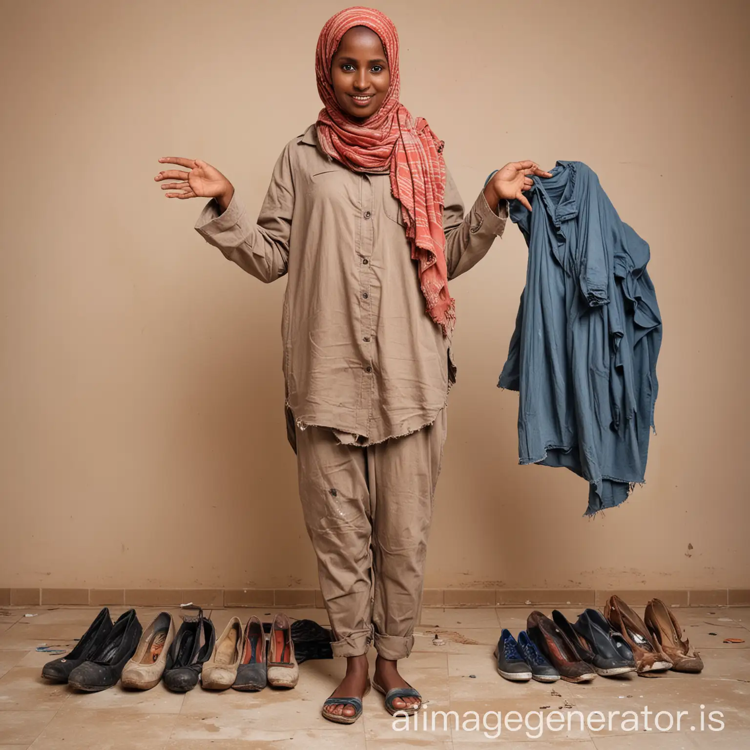 one Somali woman with dirty clothes and shoes, T-pose position