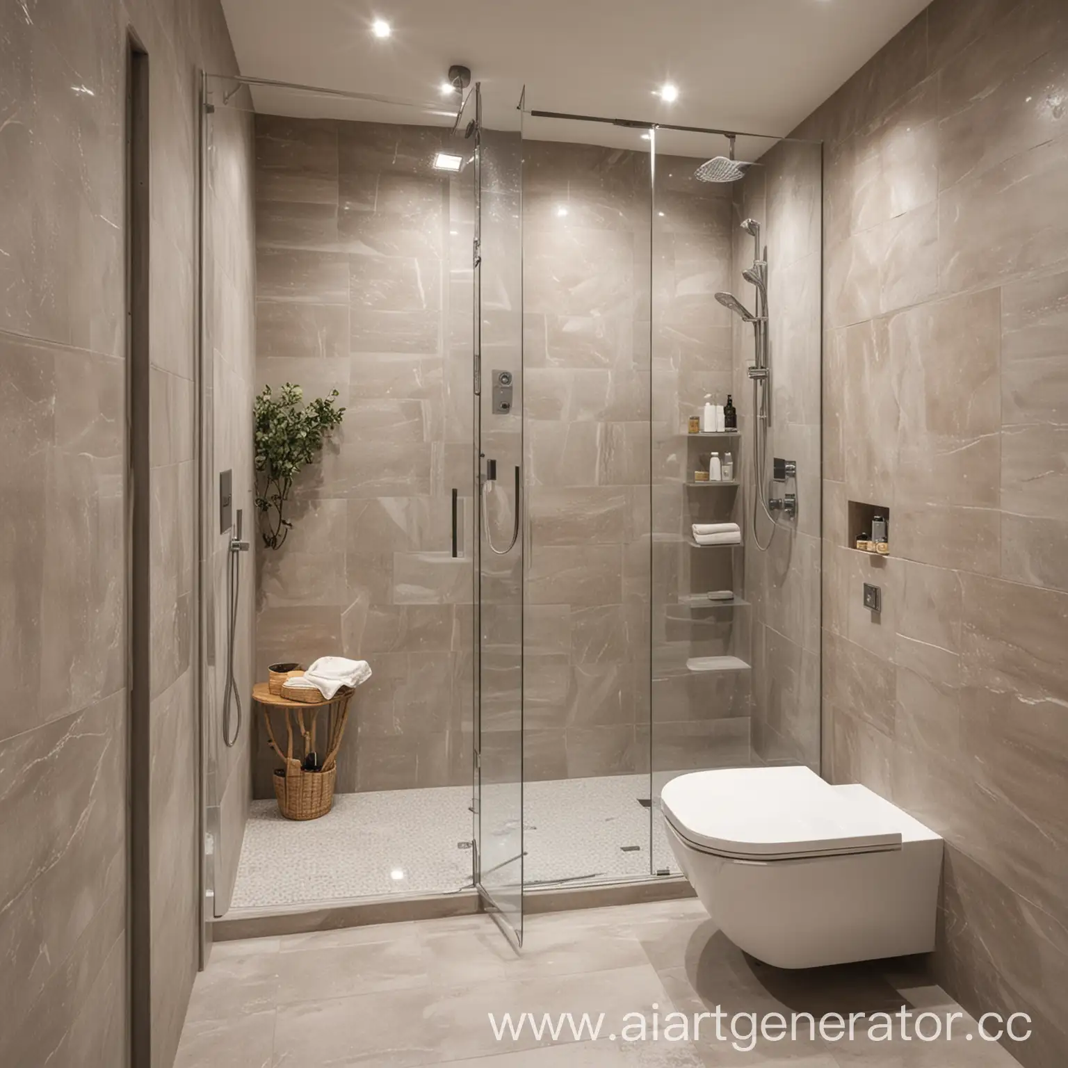 Ванная комната без окна с серыми, белыми и бежевыми светами с стеклянной перегородкой в душевой кабине 