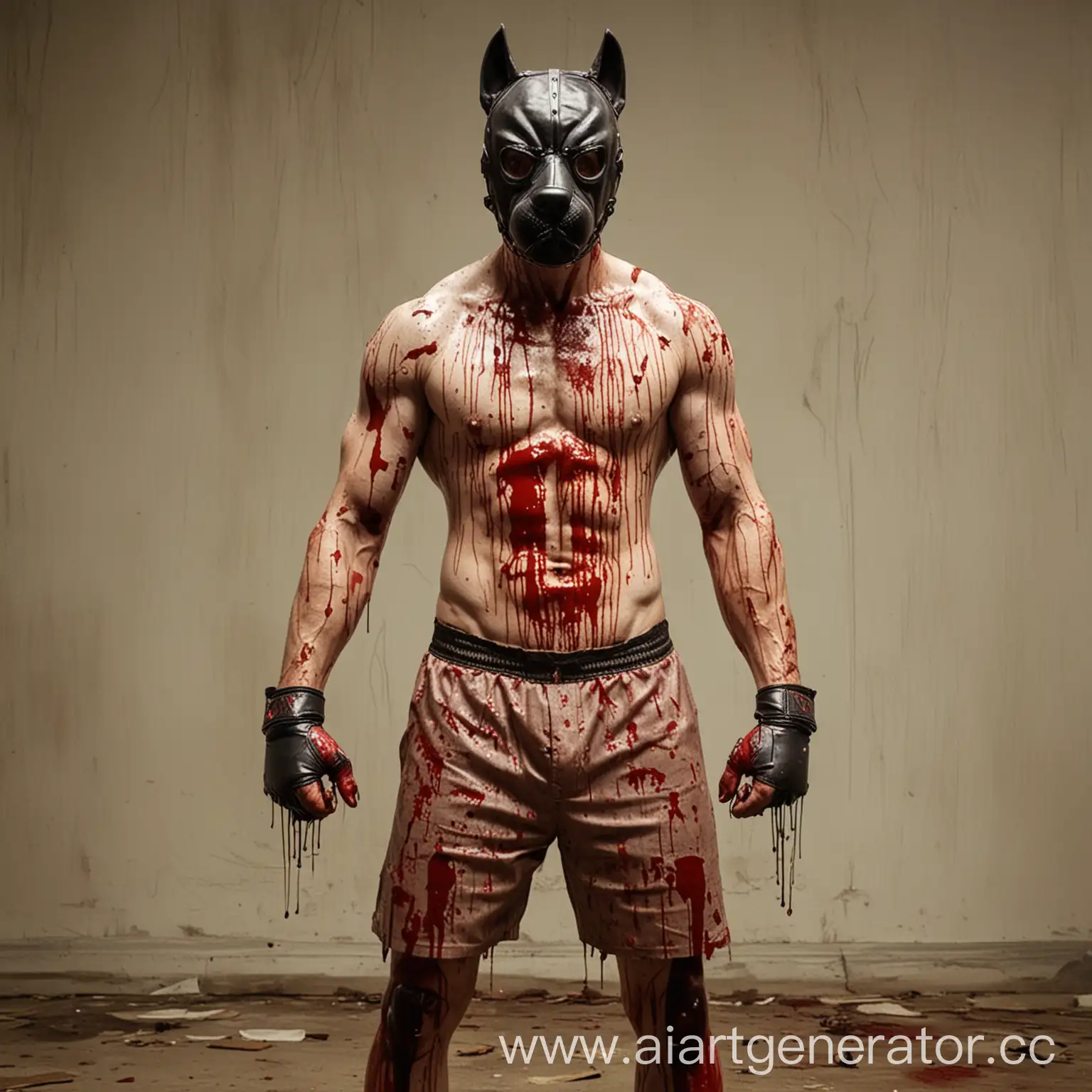 Хорошо накачанный человек в маске собаки стоит в боксерской стойке весь в крови