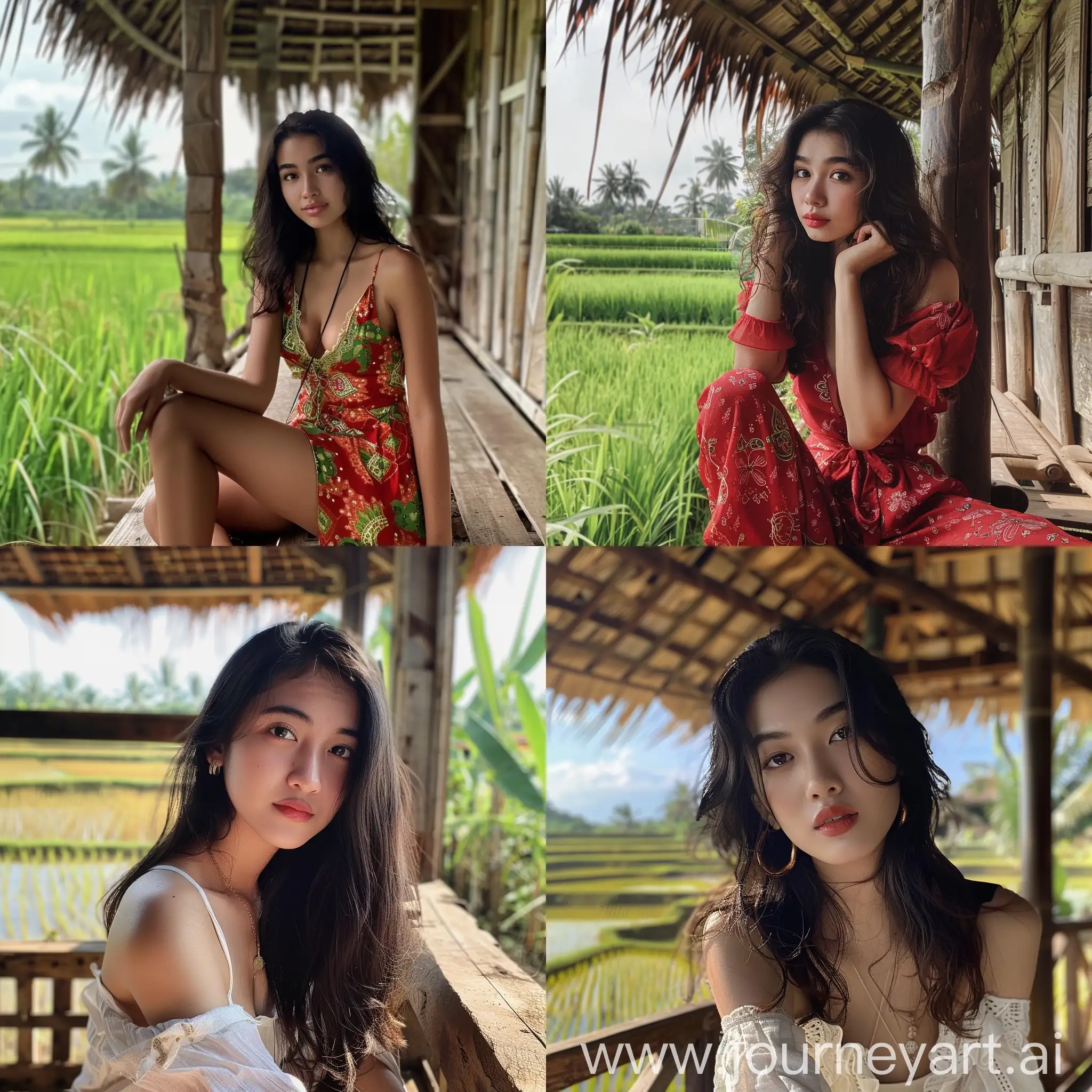 1 Indonesian girl, 22 years old, influencer, beauty, in the rice fields, make-up, sitting in a wooden hut, no effect, selfie, iphone selfie, no filter, natural iphone photo --v 6 --ar 1:1 --no 67949