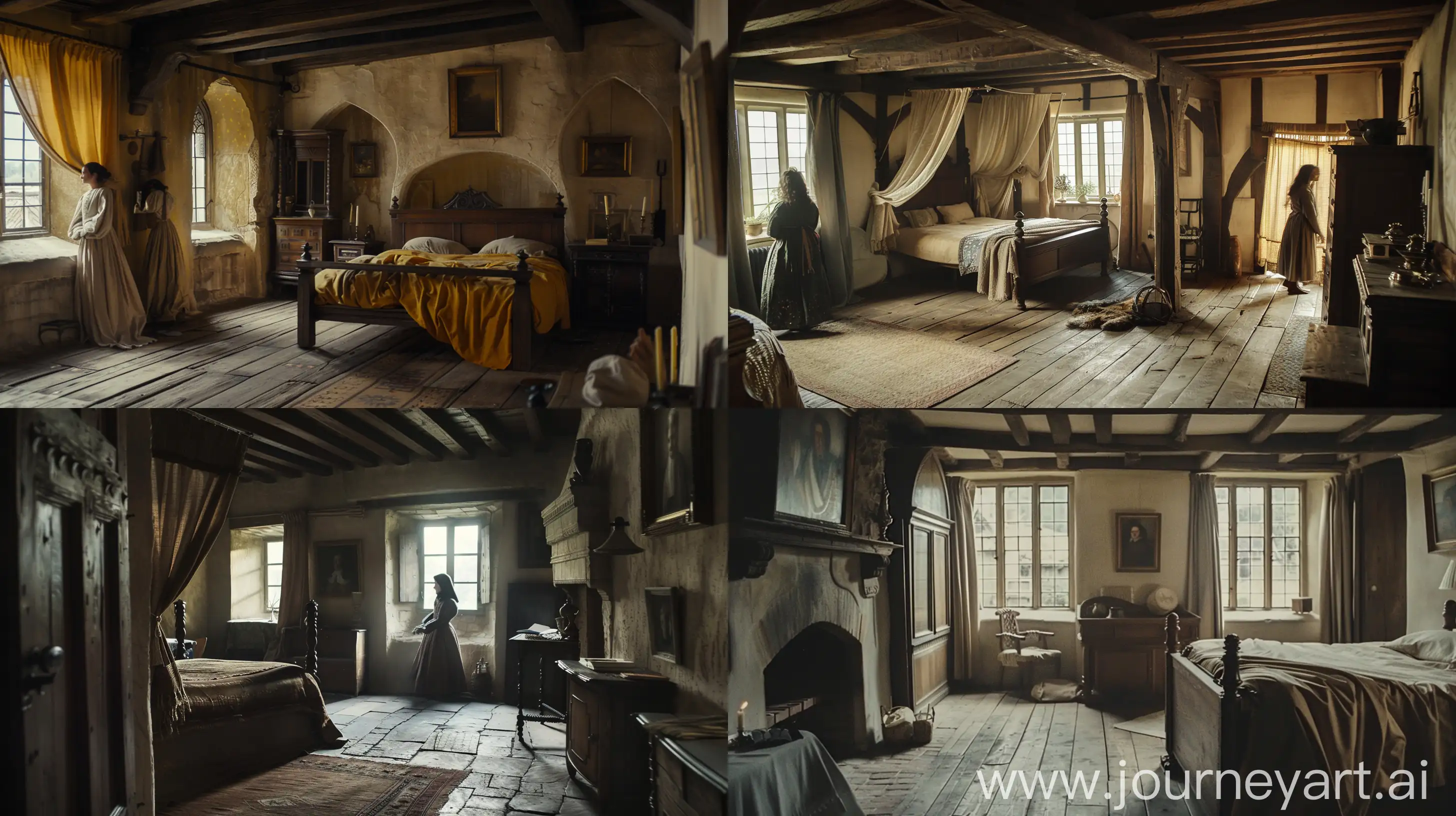 bedroom, a house in 16th century, tudor style, everyday life, ordinary people, minimalist, movie still, earthy tones --ar 16:9 --style raw