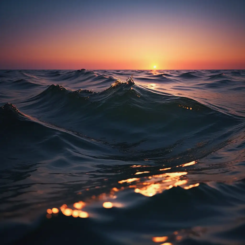 一望无垠的大海上，日落时分，夕阳余晖照在海面上 波光粼粼