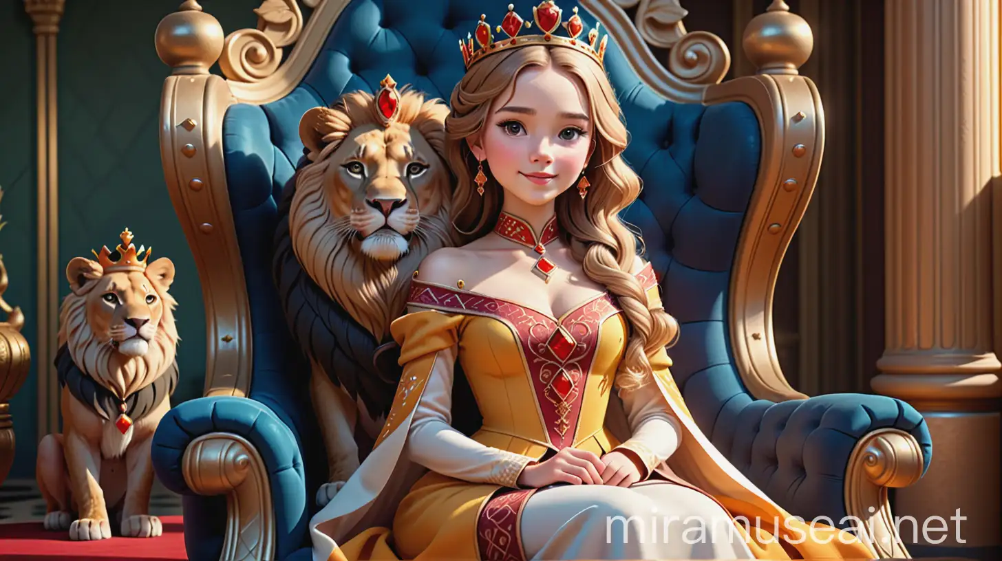 Princess wearing a crown, with curled strands on her head, wearing traditional royal clothes, She is very amazingly beautiful and cheerful, sitting in the royal throne, next to her sits a lion , In 3d animation style, realism,