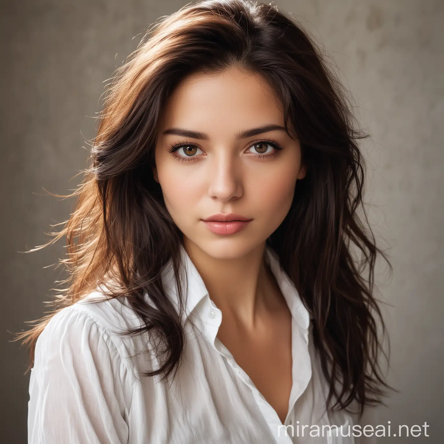Elegant Woman with Dark Brown Hair and White Blouse in Radiant Light