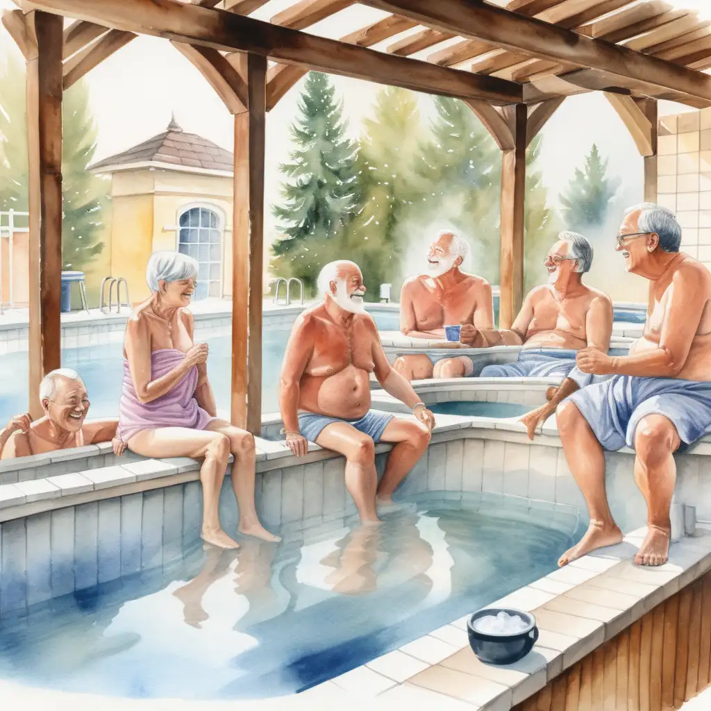 A bathhouse, some beautiful retirees having a good time, someone sits in a hot tub, in watercolor