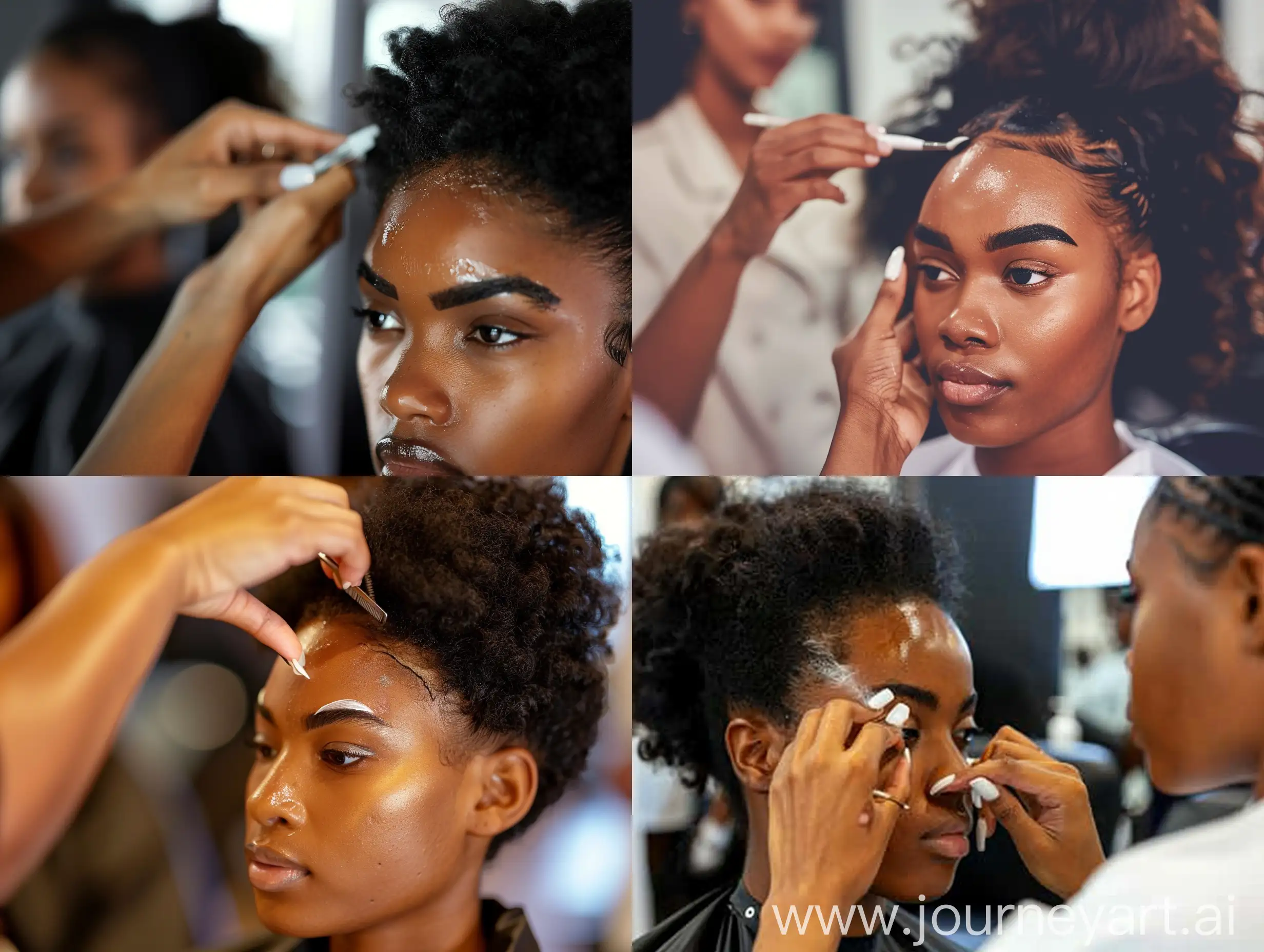 Professional photo of black women at the salon getting their hair done, a woman's hand in view, white gel nail polish, super models, thick eyebrows 