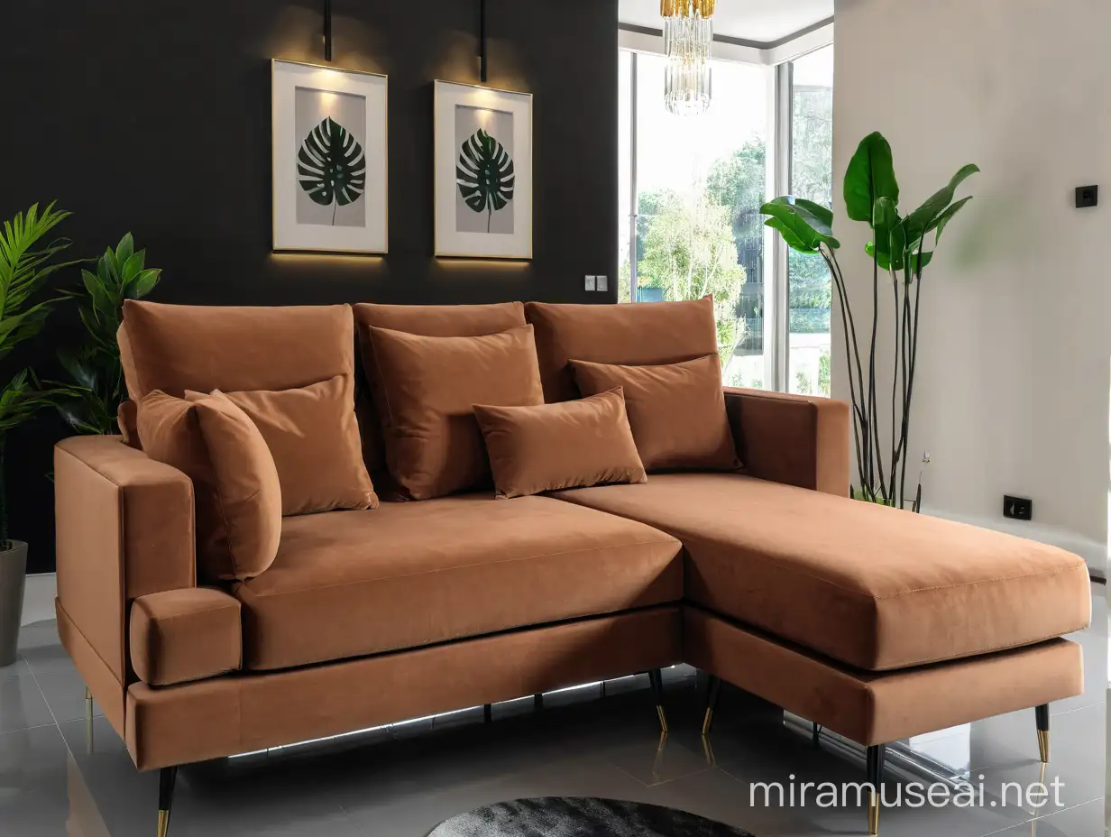 Elegant Modern Living Room with Chandelier and Lush Greenery