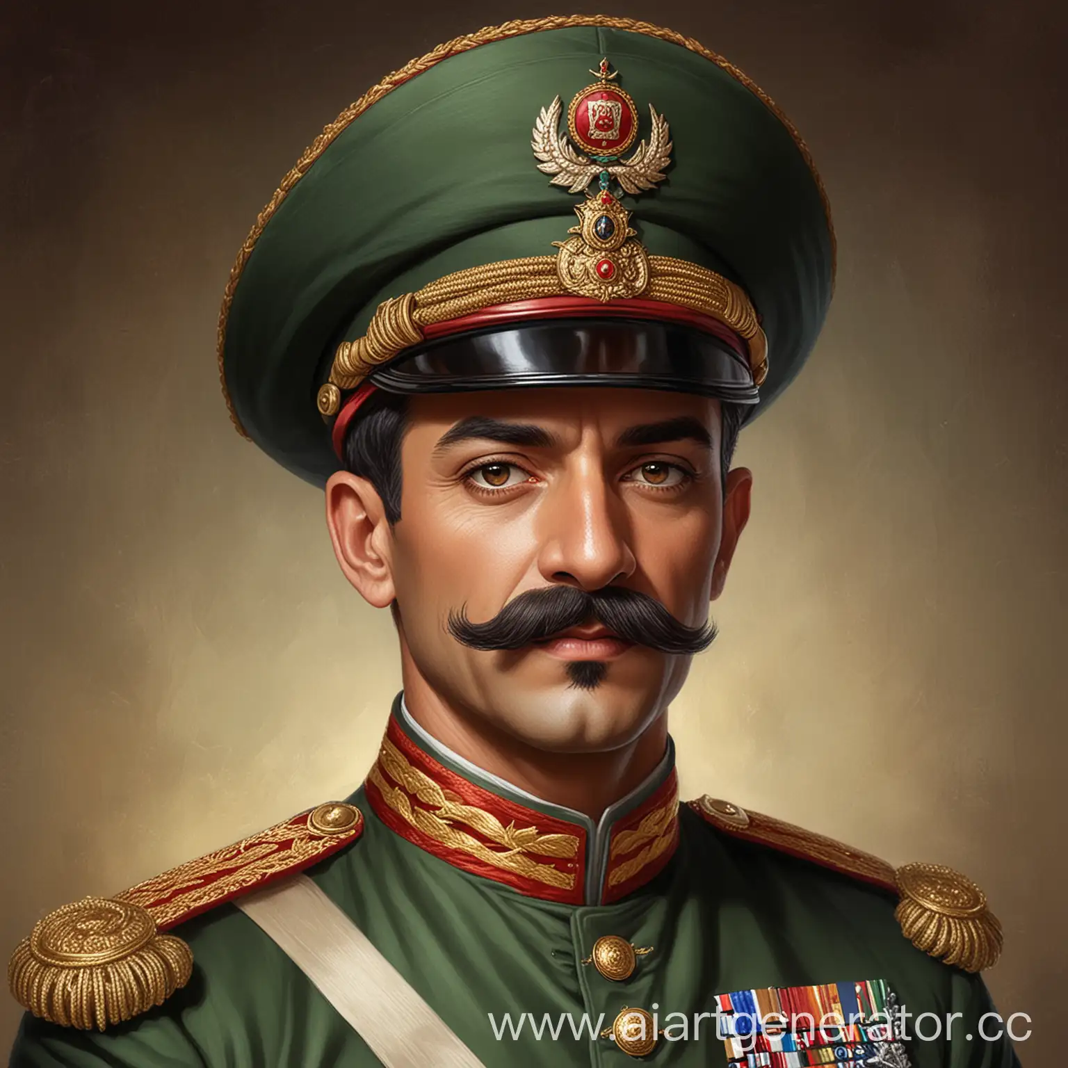 Султан с усами в военной форме и круглой шапке
