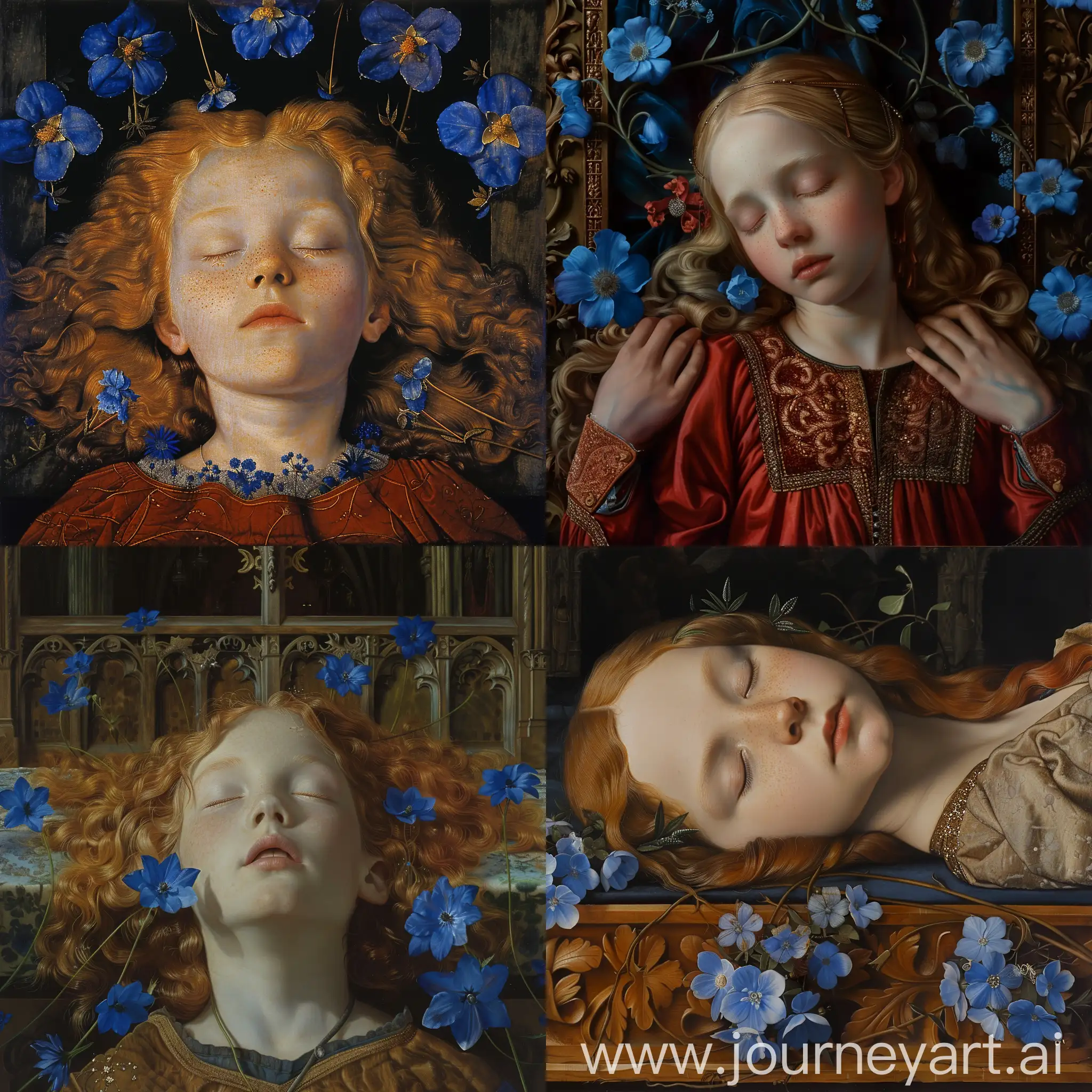 1543 год беловолосая девушка лежит на алтаре с закрытыми глазами с синими цветочками 








