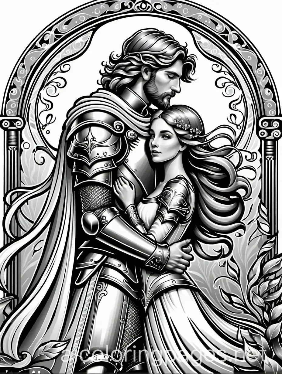 knight and his Lady , fantasy, ethereal, beautiful, Art nouveau, in the style of Yossi Kotler, fantasy, Coloring Page, black and white, line art, white background, Simplicity, Ample White Space. The background of the coloring page is plain white to make it easy for young children to color within the lines. The outlines of all the subjects are easy to distinguish, making it simple for kids to color without too much difficulty