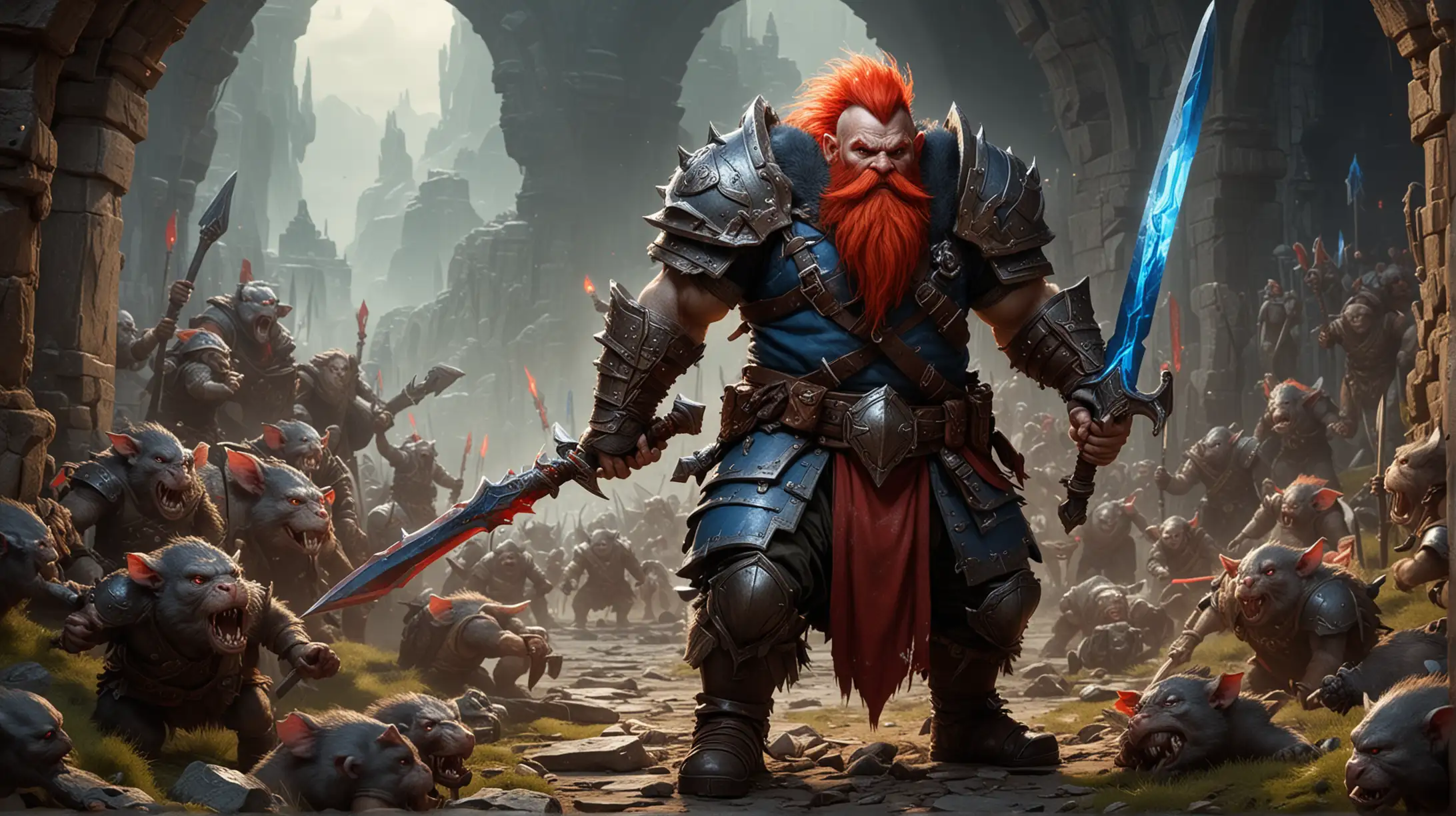 A stalwart Dwarven fighter faces away from the viewer. He stand off against 2 monstrous rat-ogres 4 times his size. He has a red mohawk. He carries a glowing blue sword and a large shield.