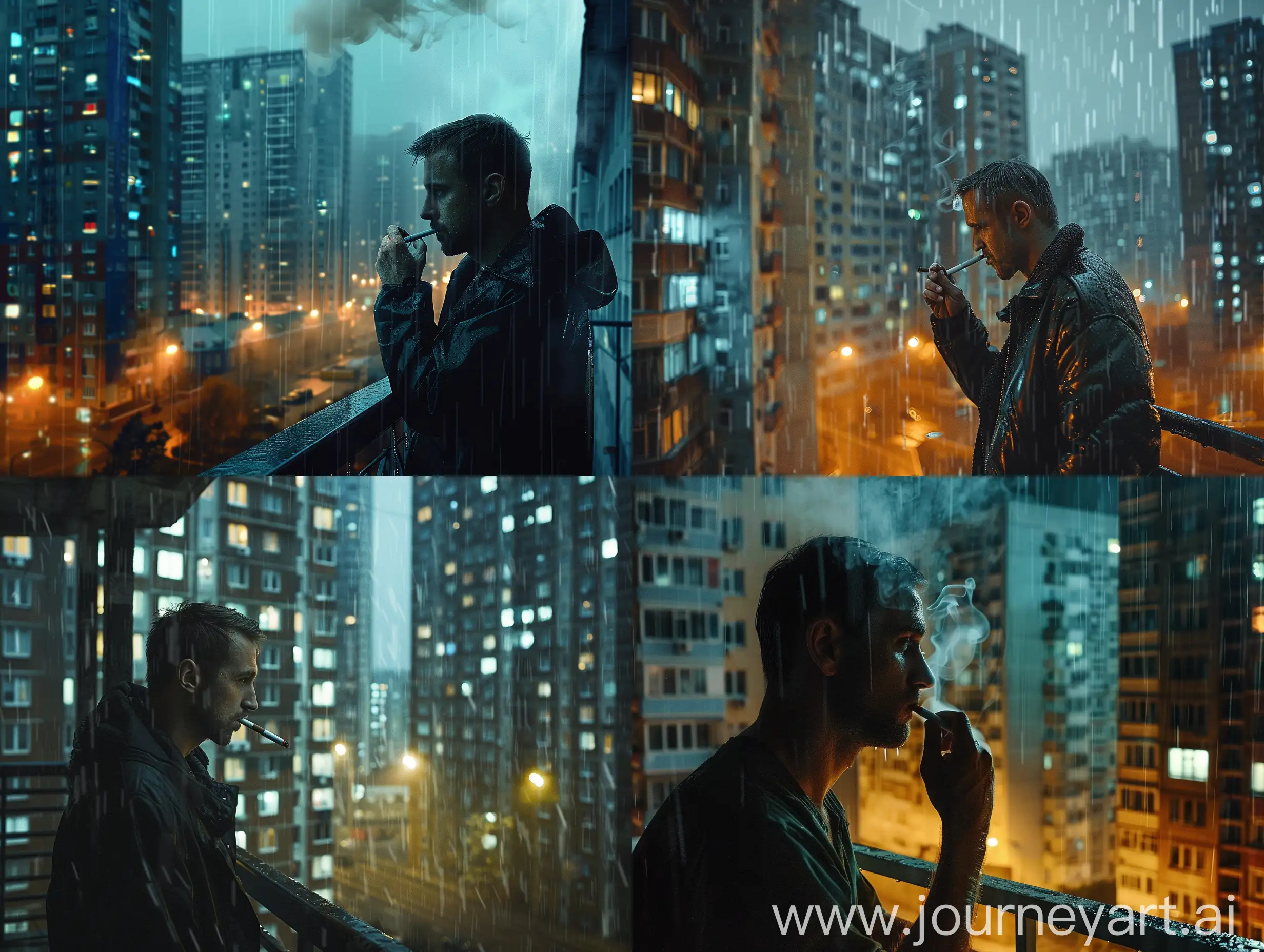 Ryan Gosling smokes on the balcony against the background of Russian post-Soviet high-rise buildings in the style of cyberpunk, rain, night, cinematic, grainy, ultra realistic