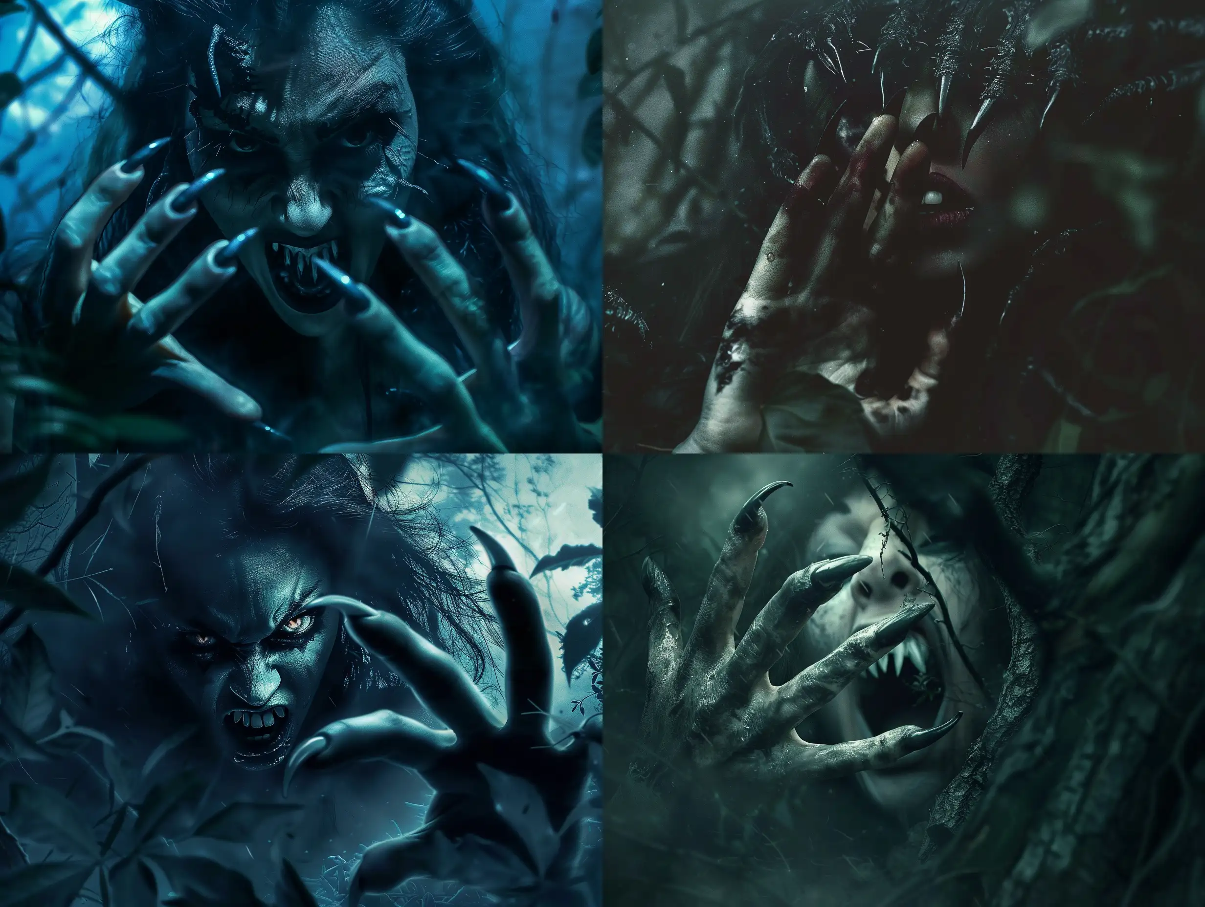 A photorealistic scene of a wild, ominous vampire woman emerging from the depths of a moonlit forest, her long, pointed fingernails resembling the claws of a nocturnal predator. With her mouth menacingly agape, her fang-like teeth exude an aura of primal terror. The vampire's appearance is reminiscent of one who has risen from the grave, evoking an otherworldly and haunting presence. The scene unfolds within the encompassing darkness of an ancient, gothic chamber, characterized by hyper-realism and cinematic quality.