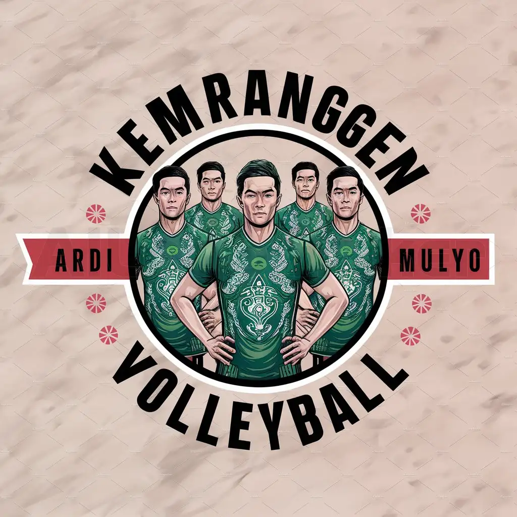 a logo design,with the text "Create a logo: a logo that displays a detailed illustration of a volleyball team wearing green jerseys with cool motifs. The volleyball team uses green jerseys with cool, very detailed motifs, with intricate designs on the jerseys depicting various volleyball motifs. Encircling the volleyball team wearing green jerseys is a white circular border containing text. Above the volleyball team, within its boundaries, 'KEMRANGGEN' is written in bold capital letters. Below the volleyball team, also inside the edge, 'VOLLEYBALL' is written in bold capital letters. Between these two texts but outside the circular border are two additional lines of text: 'ARDI' on the left side and 'MULYO' on the right side. This text is smaller than the text inside the circle, but still uses bold capital letters.", main symbol:team volley ball,Moderate,be used in Sports Fitness industry,clear background