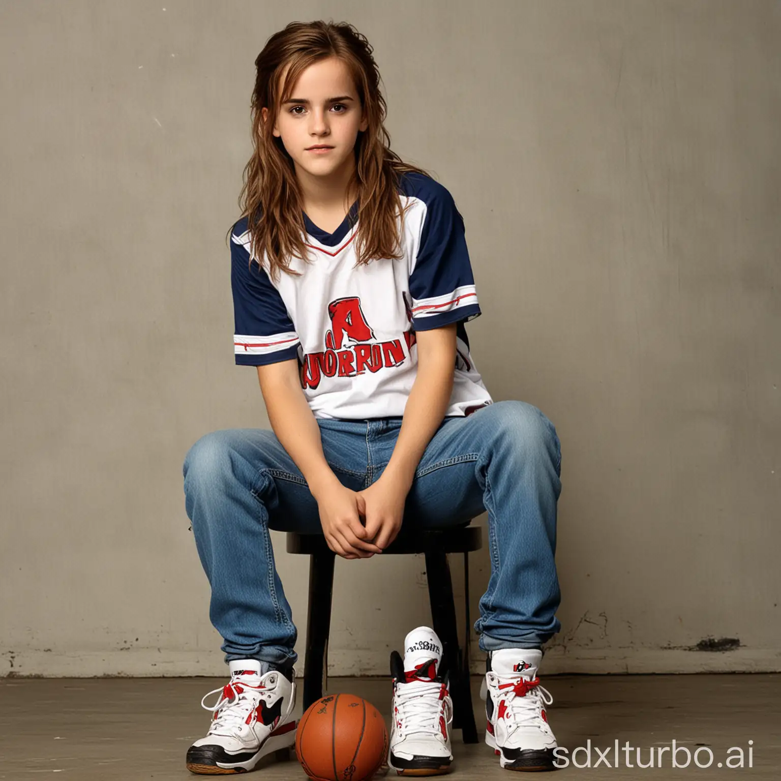 14 year old Emma Watson with long hair, wearing a basketball jersey, wearing baggy blue jeans, wearing Jordan sneakers, sweaty