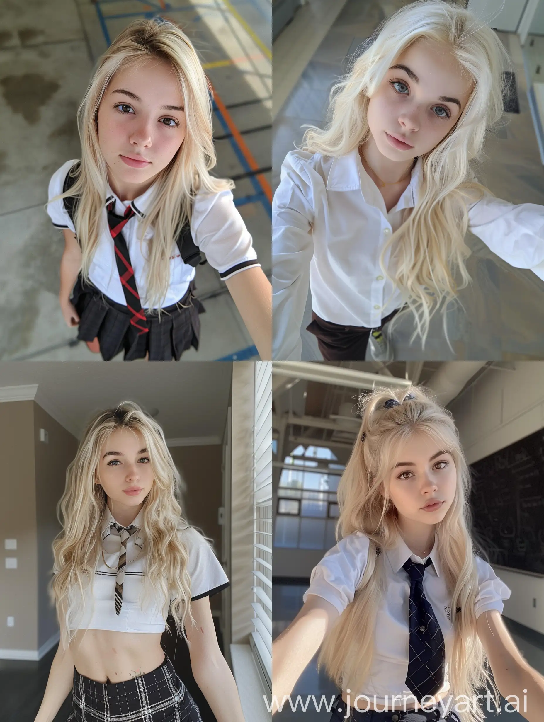 girl, standing, 18 years old, blonde hair, makeup, selfie, iphone selfie, school uniform, no filters, natural, no effects, , fitness body