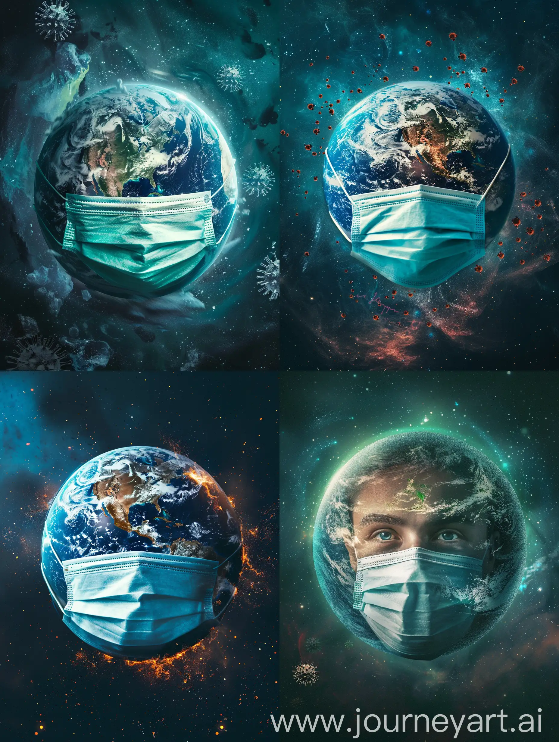一个地球戴着一个医用口罩，在宇宙中央，周围都是病毒攻击
