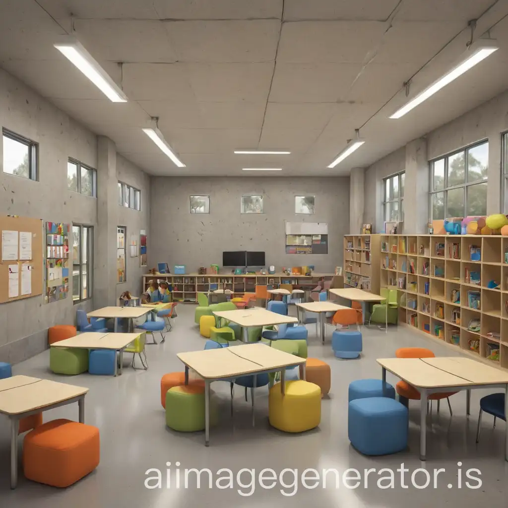 A square classroom which is made of concrete and steel which has been transformed into a PYP suitable learning environment with an array of learning resources and safe learning areas for groupwork, independent reading and research on ipads etc. 
please include elements of colour and examples of students work around the walls. 
Add in a soft seating area with bean bags beside a mini library and an ipad station  for students research activities.
Ensure it keeps the structure of a classroom with group desks and tables. 
