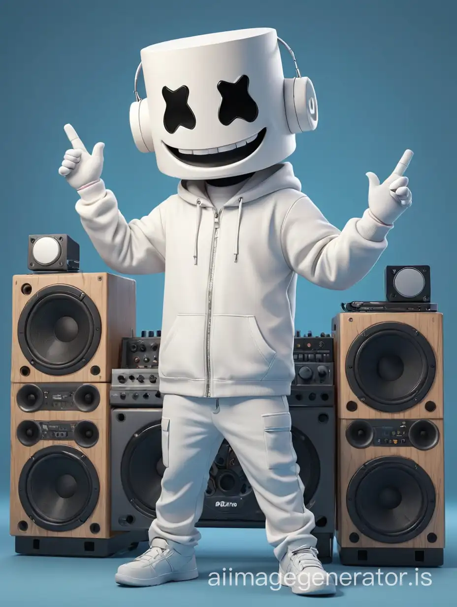 Photo realistic caricature 3d cartoon render, Marshmello, styled, in front of complete DJ equipment, blue background, 16k, high resolution