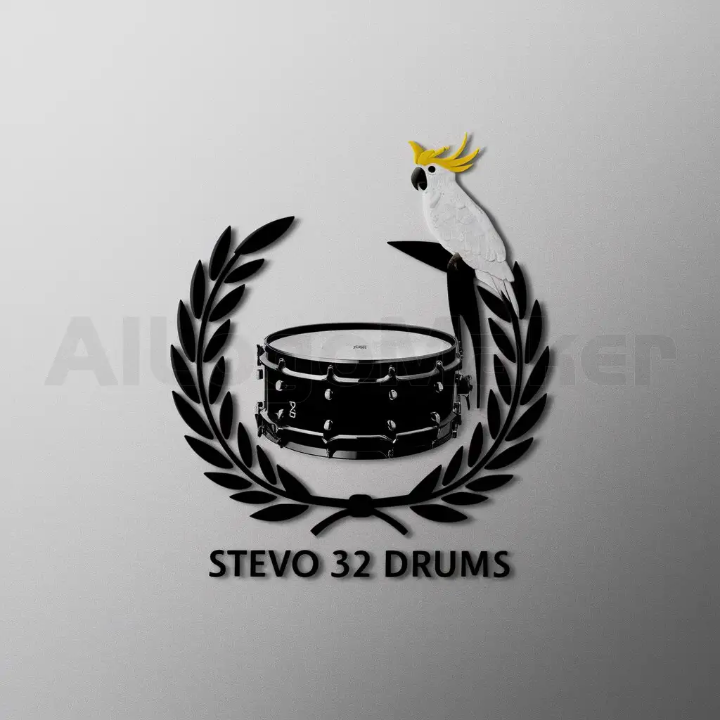 a logo design,with the text "STEVO 32 DRUMS, E-CA-HI", main symbol:snare drum in centre of an olive wreath, a sulphur crested cockatoo, black and white,Minimalistic,be used in music industry,clear background