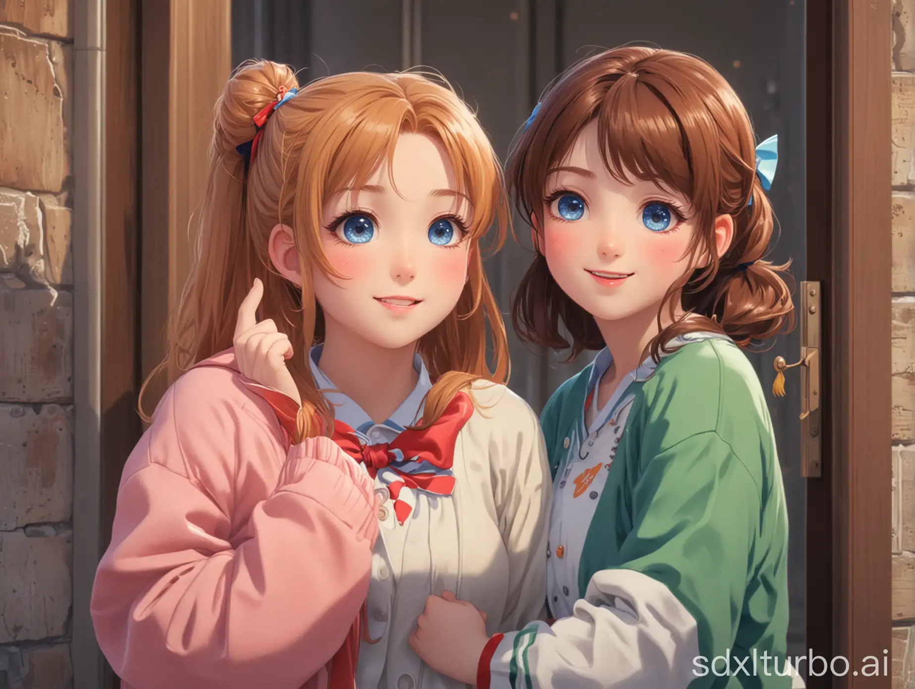 Two-Girls-Chatting-in-Front-of-a-Door-Lovely-Anime-Characters-with-Cheerful-Faces