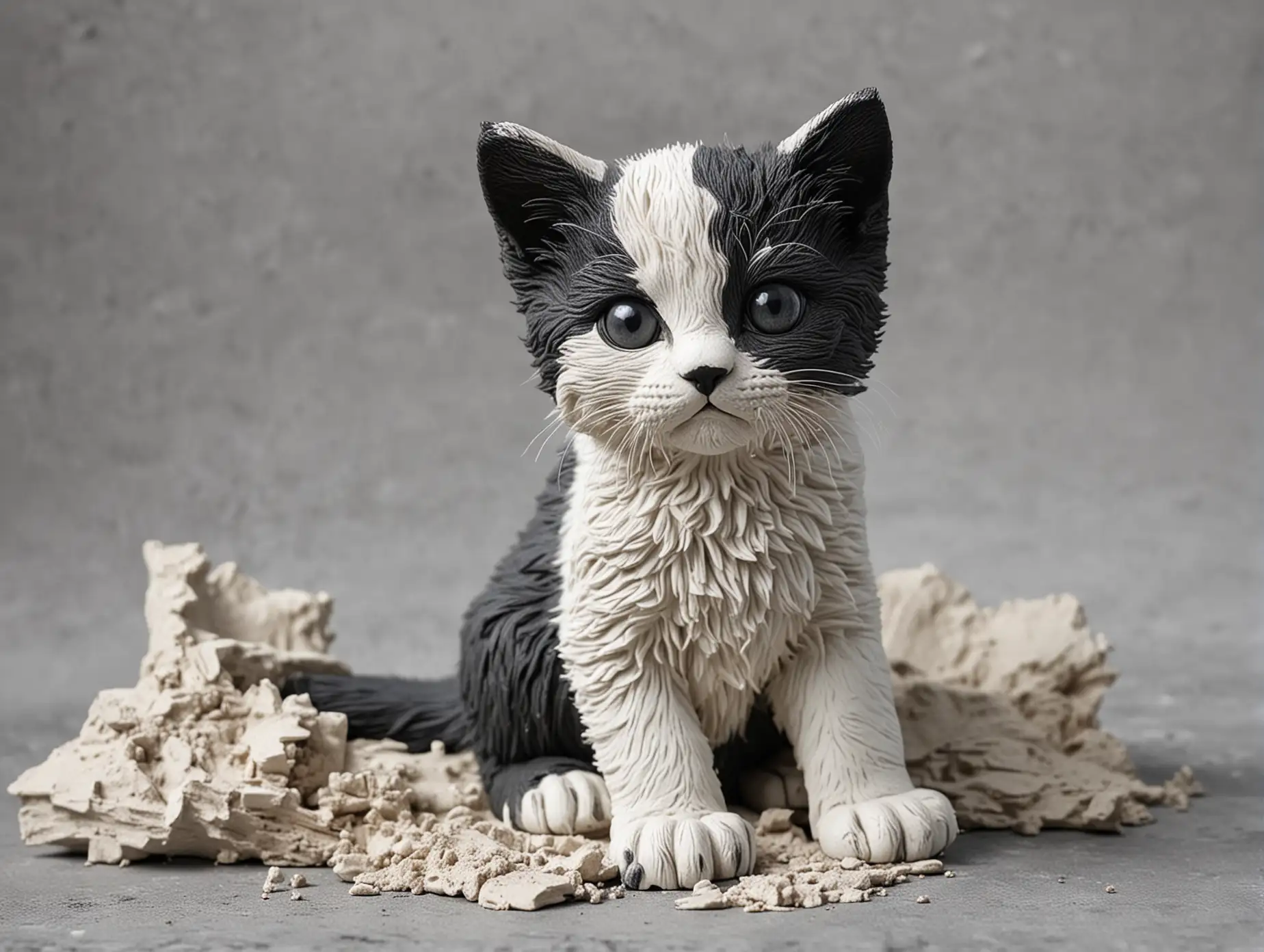 Black-and-White-Kitten-Sculpted-from-Plaster