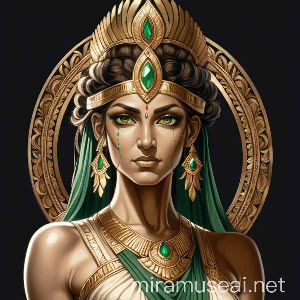 рисунок богини 40 лет по плечи, на черном фоне, головной убор в индийском стиле, цвета зеленый и бежевый, золотой и коричневый, прическа каре строгое как у греческих богинь на рисунках