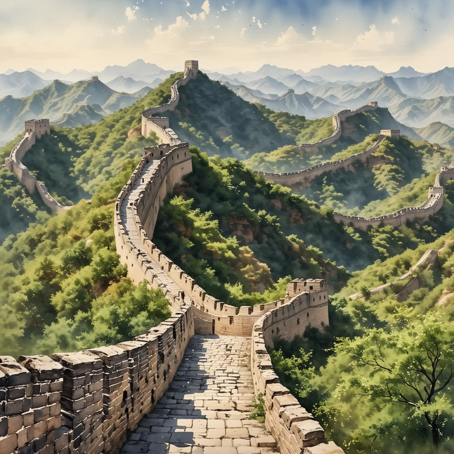 Majestic Watercolor Painting of the Great Wall of China