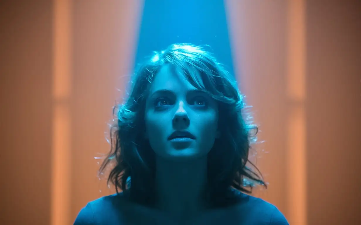 A portrait of the ((Emma stone))， in front of light background, illuminated by blue light from above, creating an atmospheric and mysterious mood. Contrasts against the light orange background behind her. Her expression appears contemplative or pensive as she gazes  into the dimly lit space. Shot at eye level, capturing a moment that evokes emotion and mystery -
