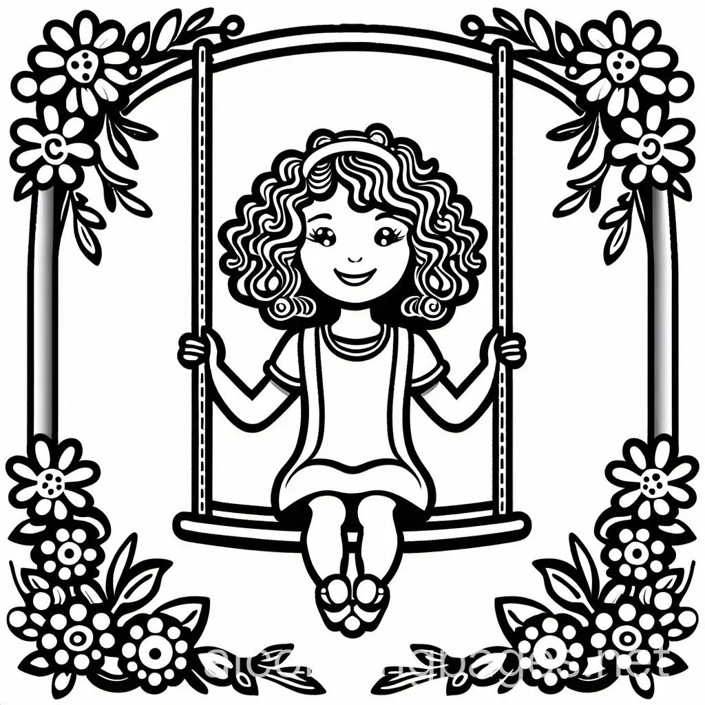 Littel Girl with curly hair on a swing with flowers all around her, Coloring Page, black and white, line art, white background, Simplicity, Ample White Space. The background of the coloring page is plain white to make it easy for young children to color within the lines. The outlines of all the subjects are easy to distinguish, making it simple for kids to color without too much difficulty