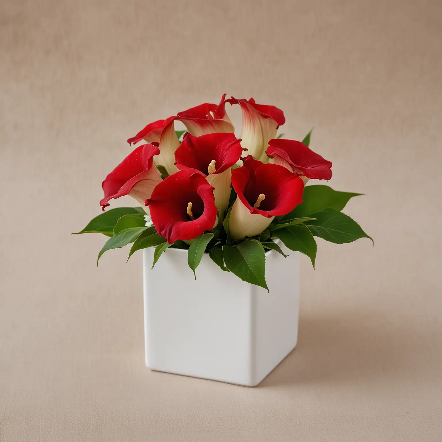 a simple and small wedding centerpiece with a white ceramic square vase with red roses and calla lilies
