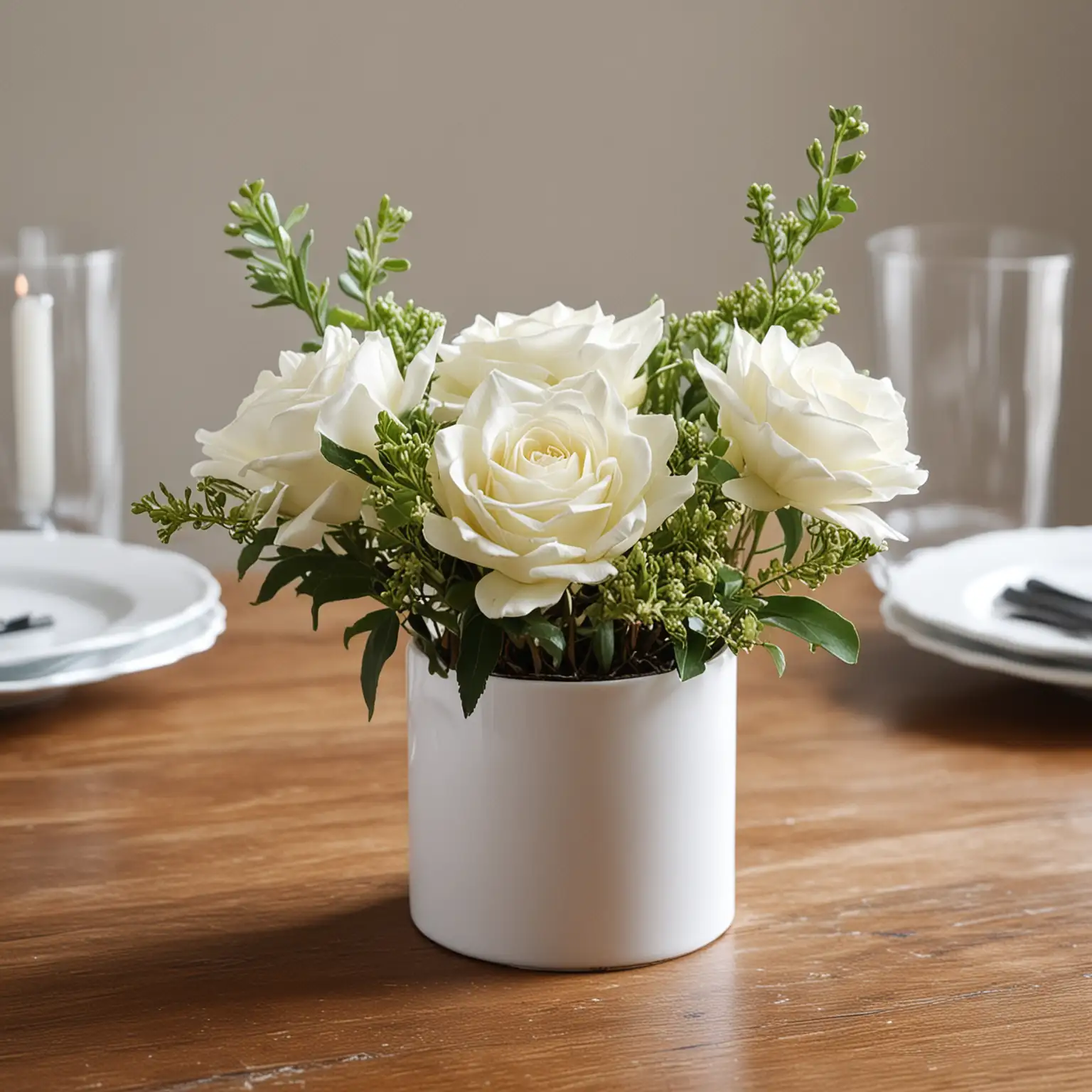 small and simple DIY elegant centerpiece with a white ceramic cylinder vase