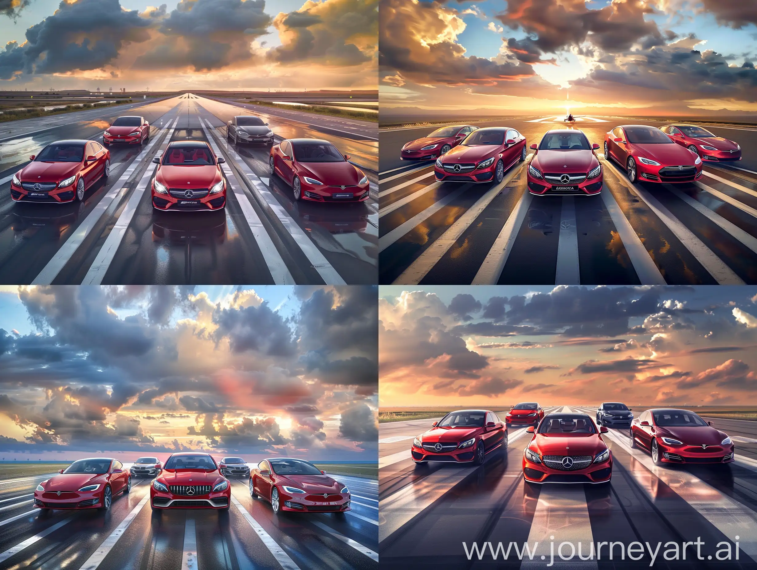 Luxurious-Car-Lineup-Red-Mercedes-CClass-Toyota-Camry-Tesla-BMW-and-Honda-on-Dramatic-Sky-Runway